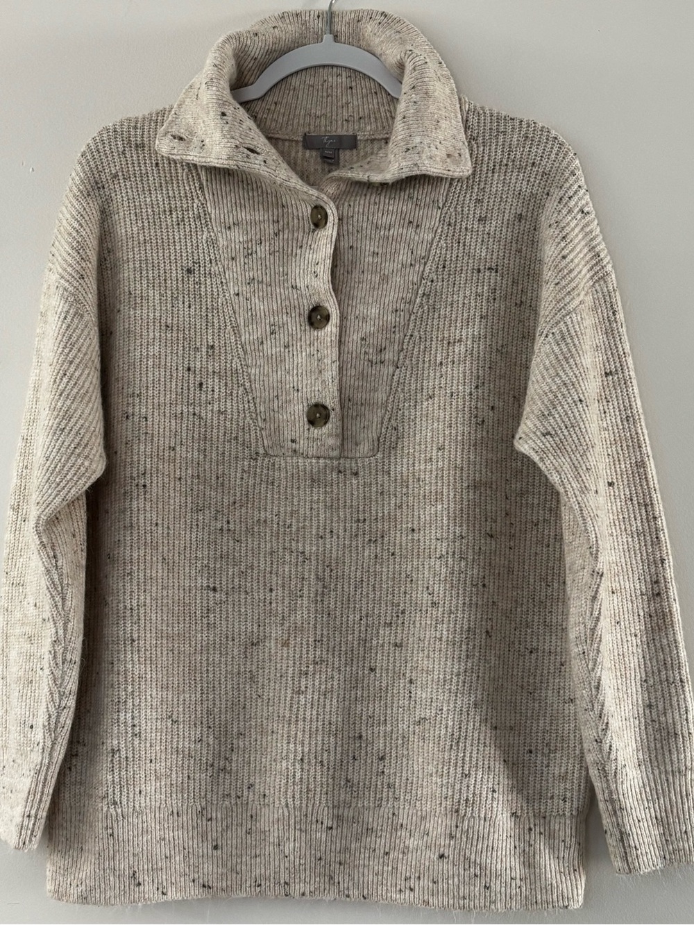 THYME Speckled Cream Button-Neck Ribbed Sweater